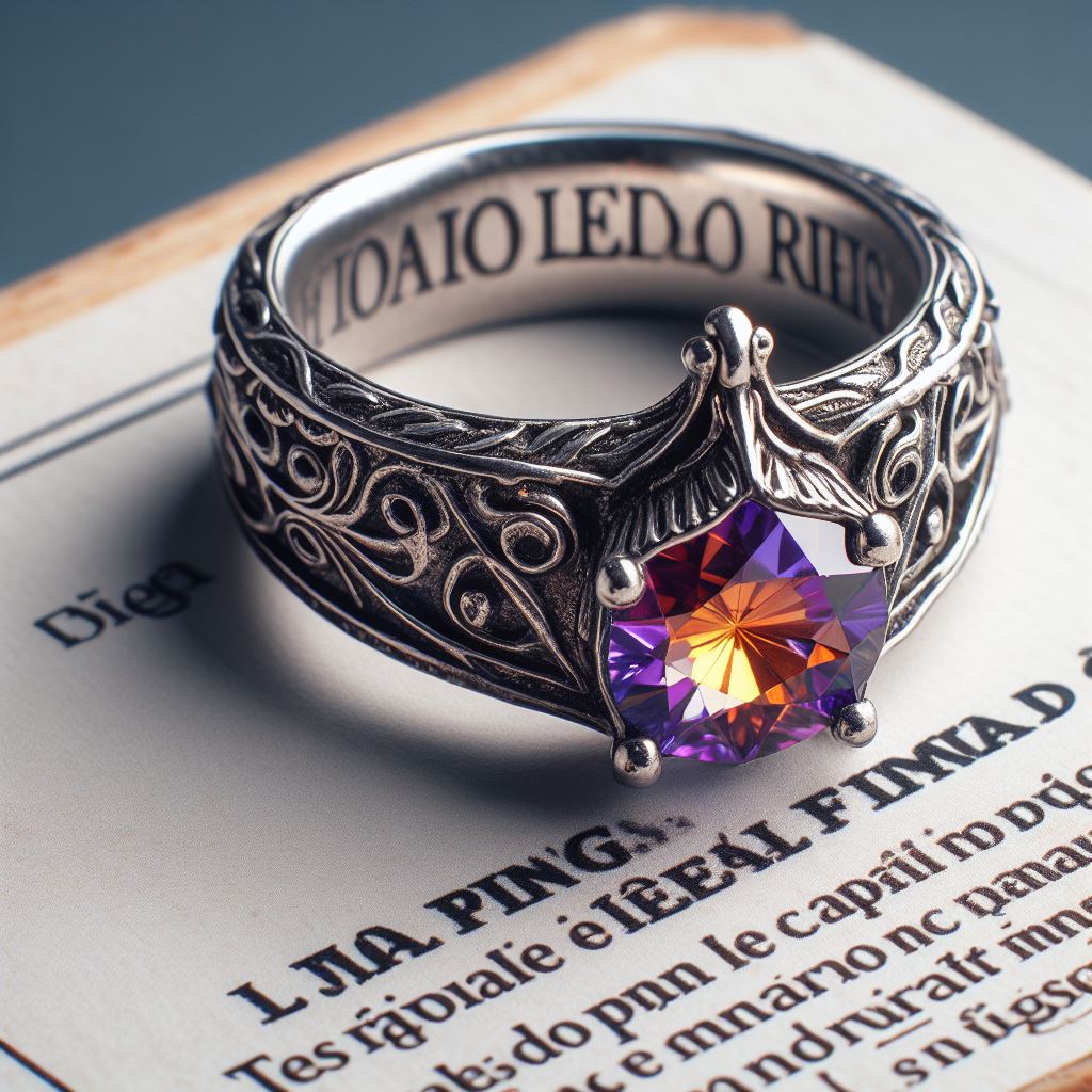 La imagen muestra un anillo de plata detallado y ornamentado, con un diseño intrincado que adorna la banda. Un cristal morado multifacético, posiblemente una amatista o un cristal similar, está engastado en el centro del anillo, reflejando una gama de colores vibrantes. El anillo está colocado sobre una página de texto impreso, con palabras legibles pero no completamente claras debido al enfoque principal en el anillo. El fondo es de color azul oscuro, proporcionando un contraste que hace que el anillo y el cristal se destaquen visualmente.